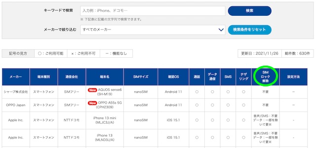 OCNモバイルONE_動作確認済端末一覧